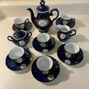 VTG Hand Spray KT in Glaze Cobalt Blue Japanese 1960 17 Pc. Tea Set Excellent